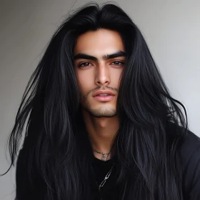 Intense Male Look with Flowing Black Hair