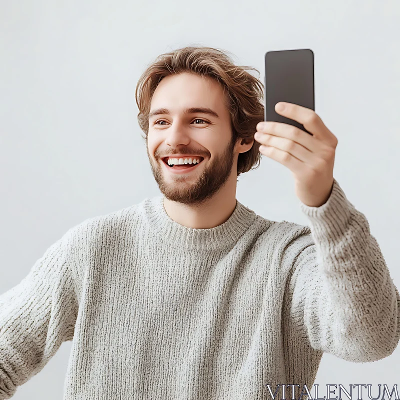 Smiling Bearded Man in a Sweater Taking a Selfie AI Image