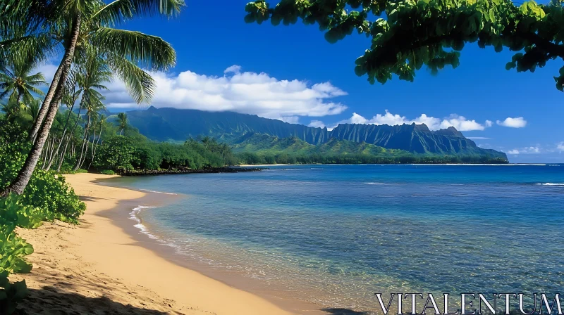 Paradise Beach with Majestic Mountains in the Background AI Image