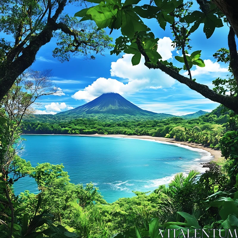 Tranquil Tropical Beach and Volcano Scene AI Image