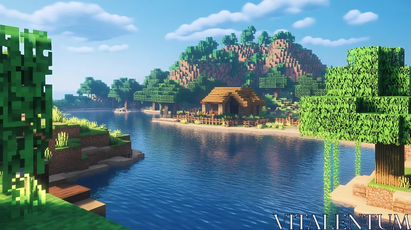 Idyllic VR Island with Wooden House and Serene River AI Image