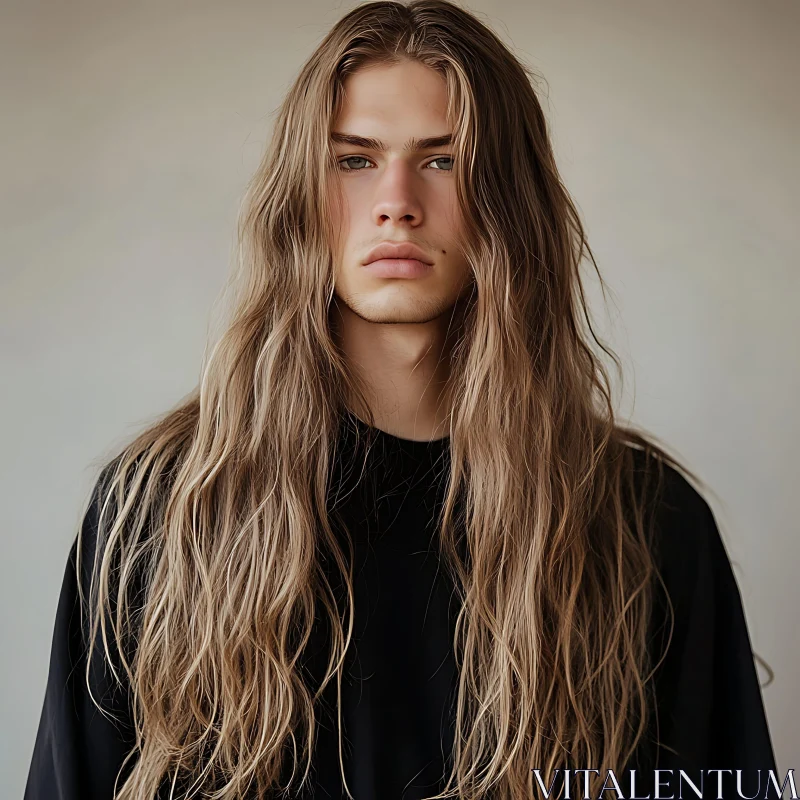 Portrait of Young Man with Flowing Hair AI Image