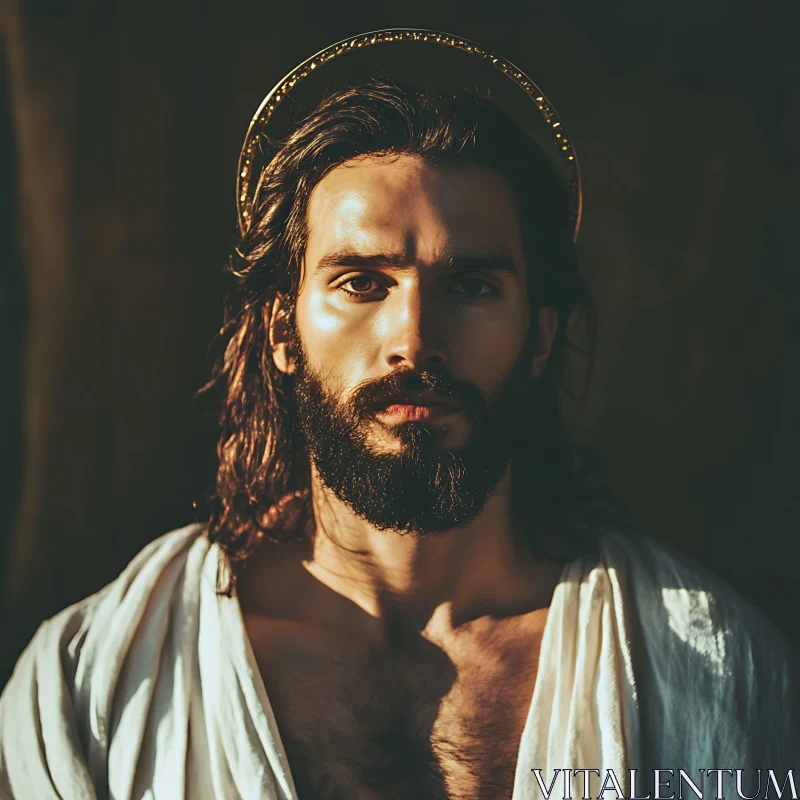 Bearded Man with Golden Halo in White Robe AI Image