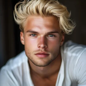 Focused Portrait of a Young Blond Man with a Defined Jawline