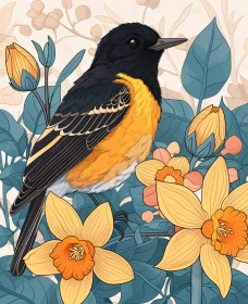 Colorful Bird Art with Daffodils