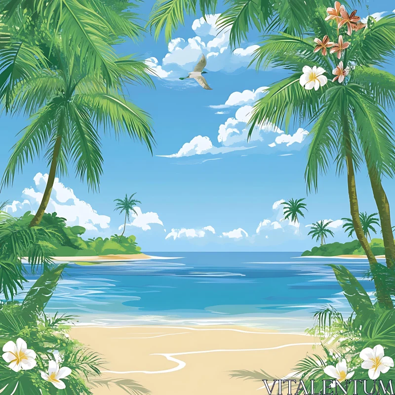 Idyllic Tropical Beach Scene with Palm Trees AI Image