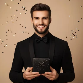 Elegant Man with Gift and Confetti