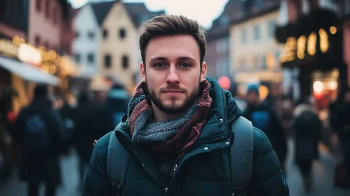 Young Man in City Street during Winter