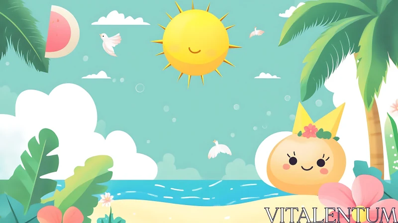 Beach Cartoon with Tropical Vibes AI Image