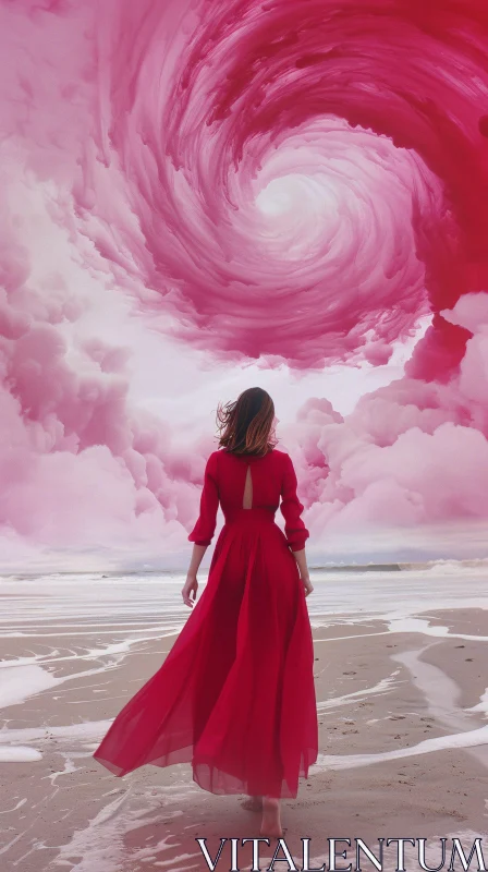 AI ART Dreamlike Beach Walk in Red