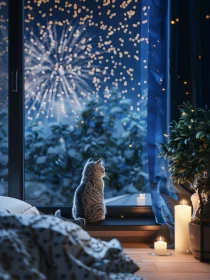 Serene Scene: Fireworks and Feline