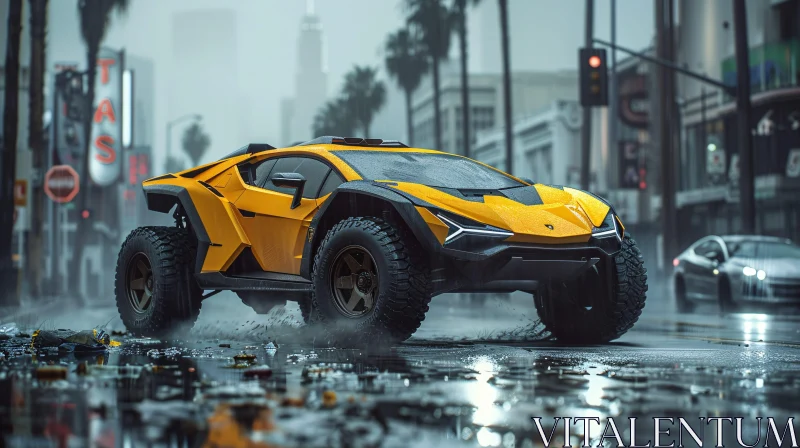 AI ART Yellow Off-road Vehicle in Rainy Urban Scene