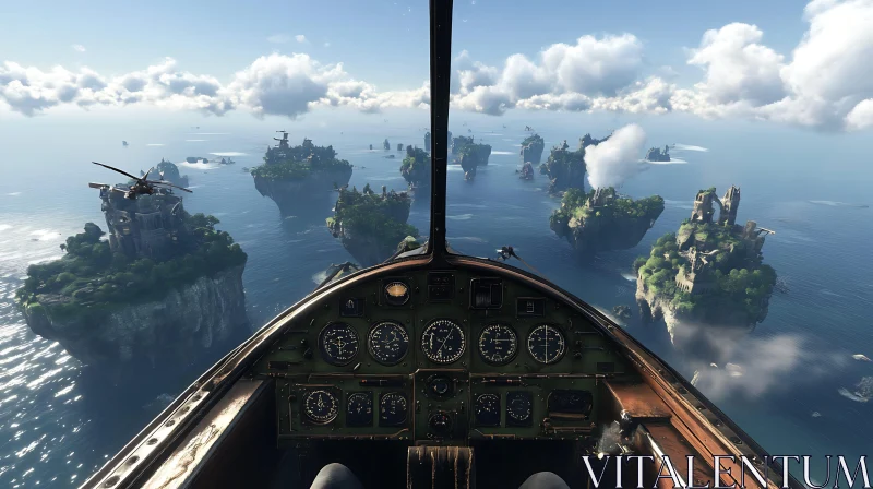 Pilot's View Over Lush Floating Islands AI Image