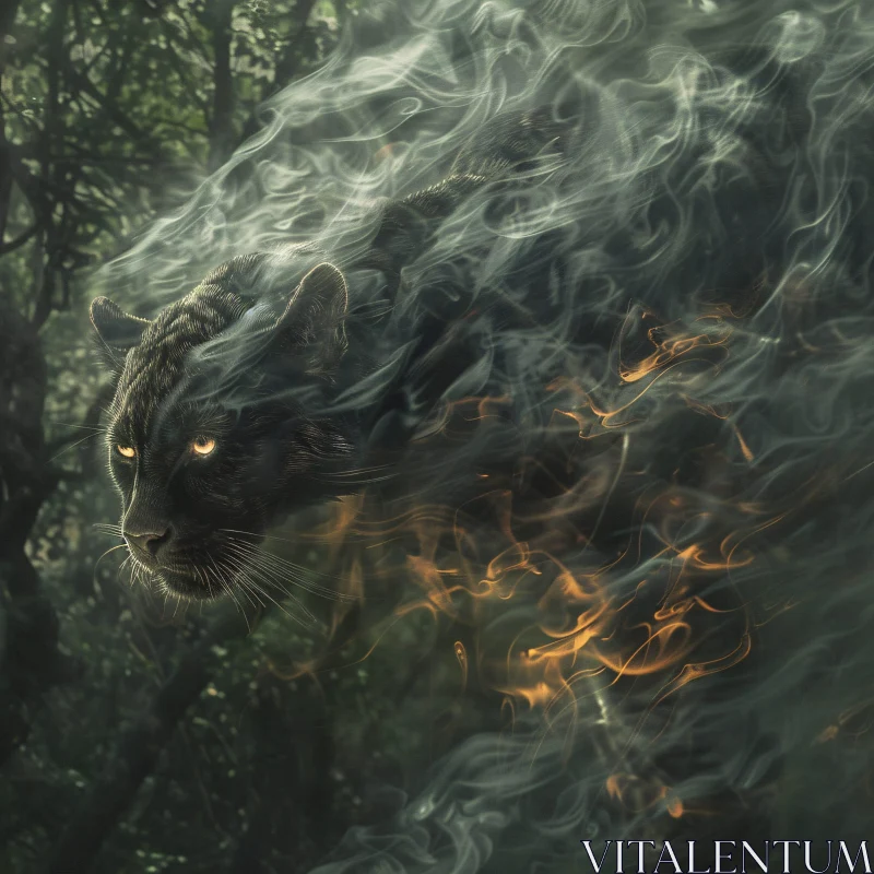 Enigmatic Panther in a Shadowy Forest AI Image