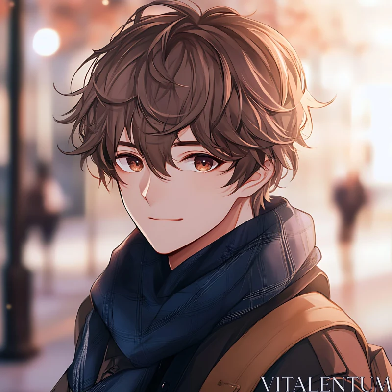 Young Anime Boy in Autumn Evening Light AI Image