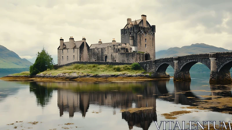 Historic Castle and Arched Stone Bridge Over Serene Lake AI Image