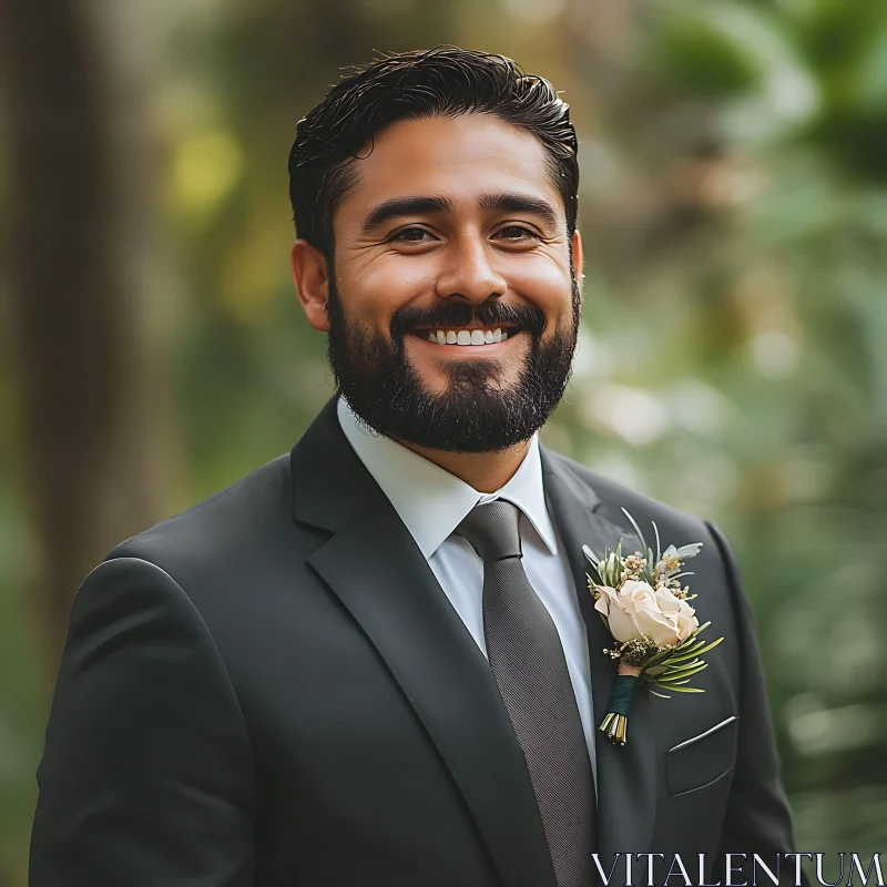 Smiling Bearded Man in Black Suit with Flower Boutonniere AI Image