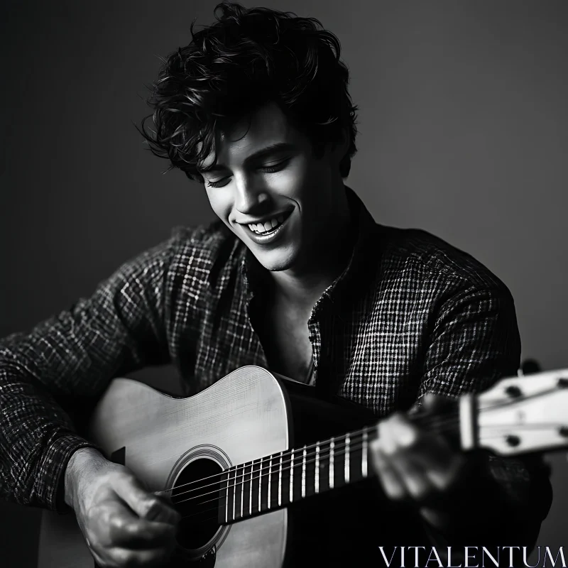 Black and White Image of a Man with Curly Hair Playing Guitar AI Image