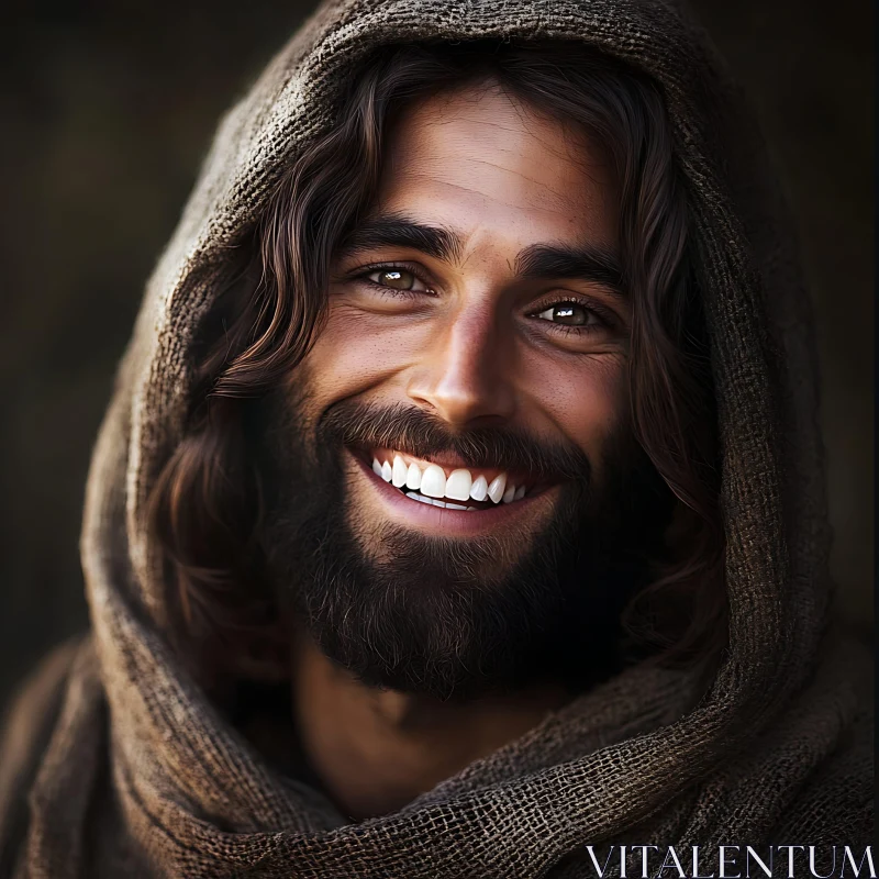 Bright Smiling Bearded Man in Hooded Attire AI Image