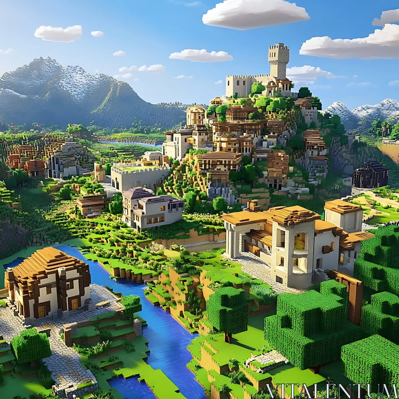 Blocky Minecraft Village and Castle AI Image