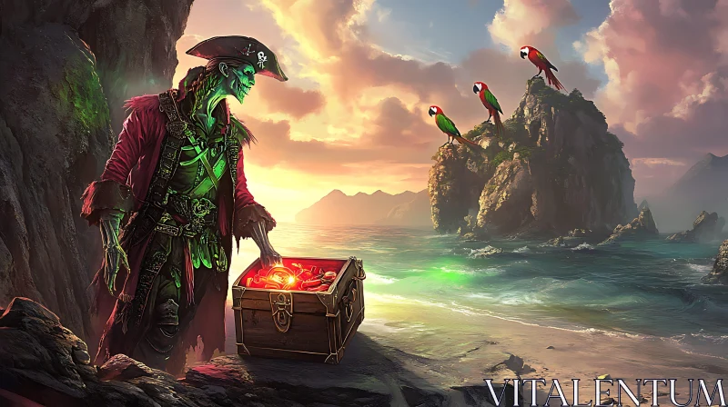 Pirate and Treasure at Sundown AI Image