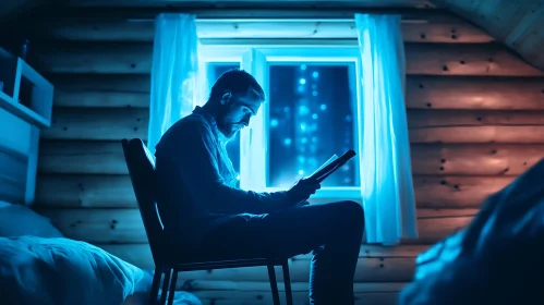 Reading at Night in Wooden Cabin