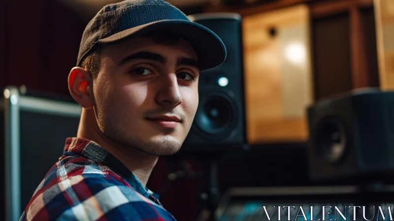 Recording Studio Portrait of Young Man in Blue Cap AI Image