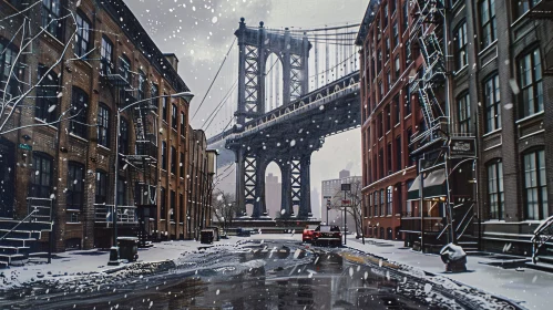 Snowy Cityscape with Iconic Bridge