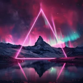 Neon Framed Mountain in Aurora Landscape