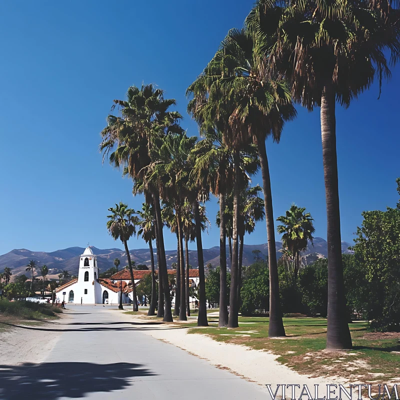 Tranquil Scene of a Church Amidst Palm Trees and Mountains AI Image