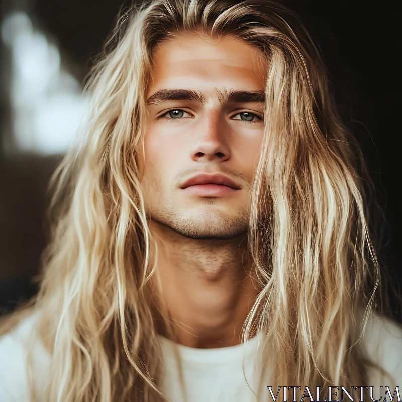 Serene Man with Long Hair Portrait AI Image