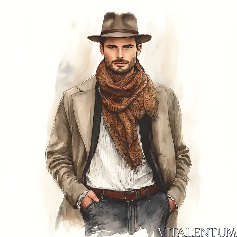 AI ART Fashionable Man in Brown Fedora and Overcoat