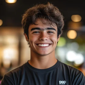 Smiling Young Man in Dimly Lit Room