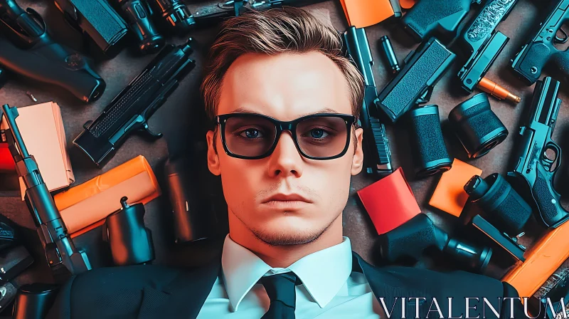 Mysterious Man in Glasses and Suit Amidst Guns AI Image