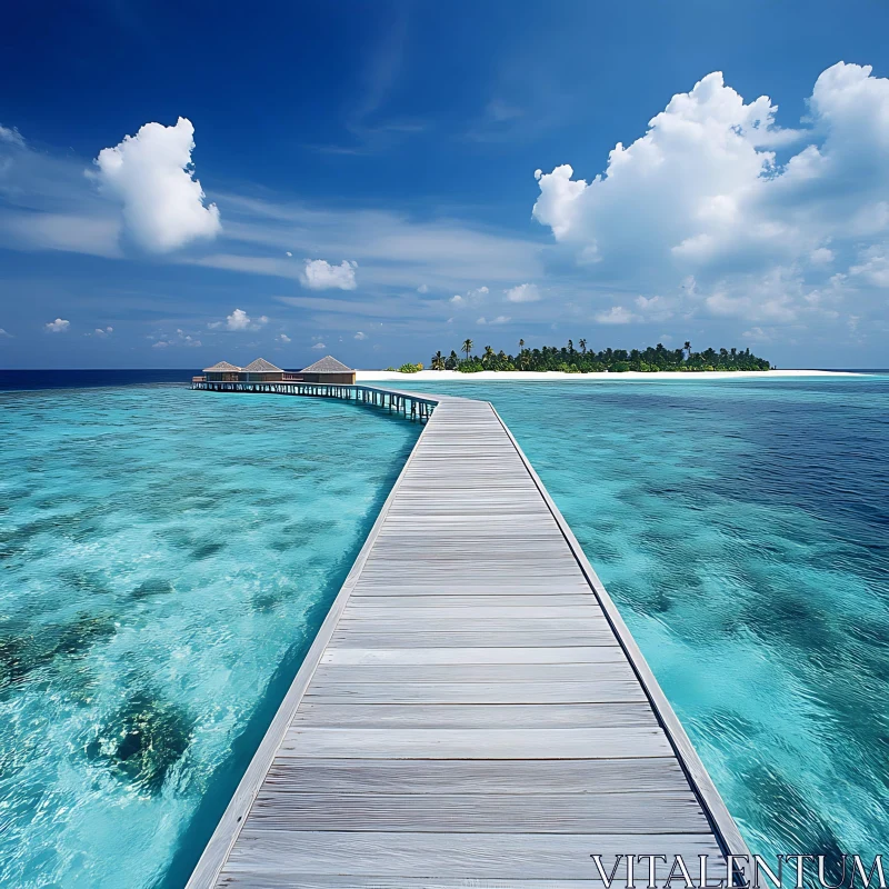 Tropical Island Paradise with Wooden Boardwalk AI Image