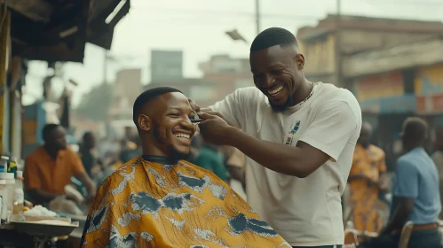 Smiling Barber and Customer in Street Barbershop