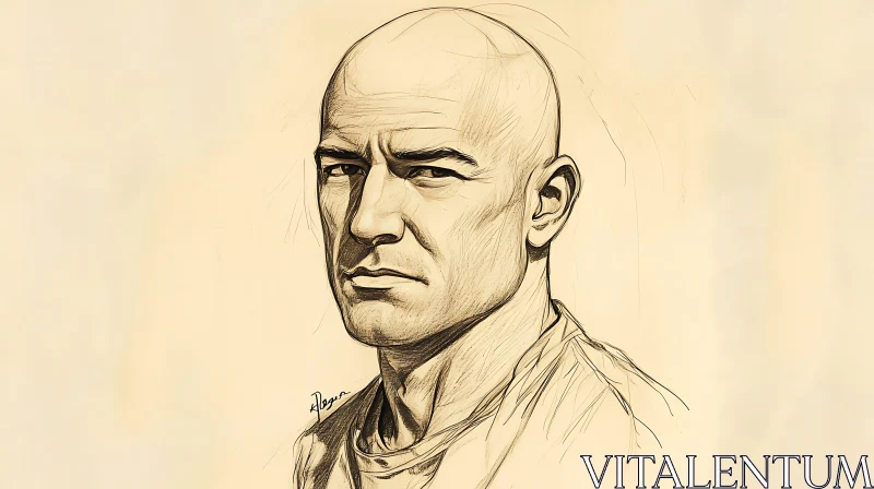 Serious Bald Man Portrait Sketch AI Image