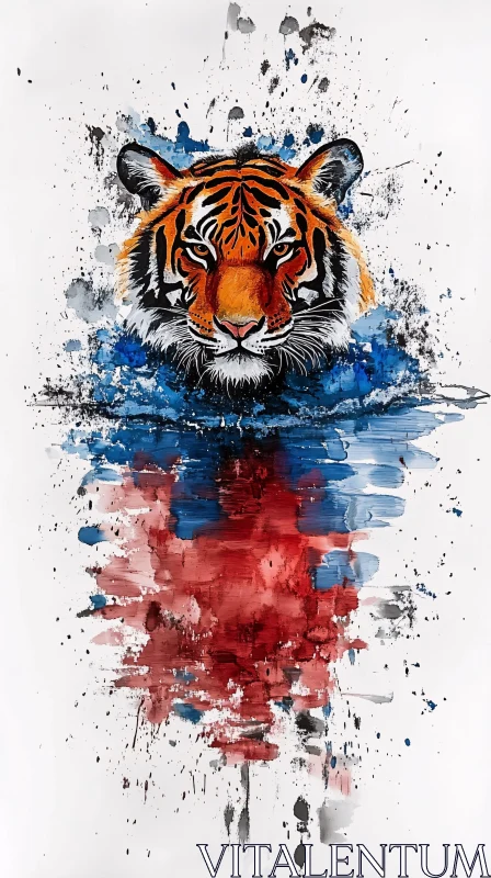 Expressive Tiger Face Art with Blue and Red Watercolors AI Image