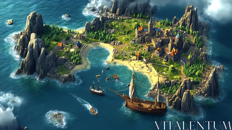 Historical Seaside Village with Harbor and Ships AI Image