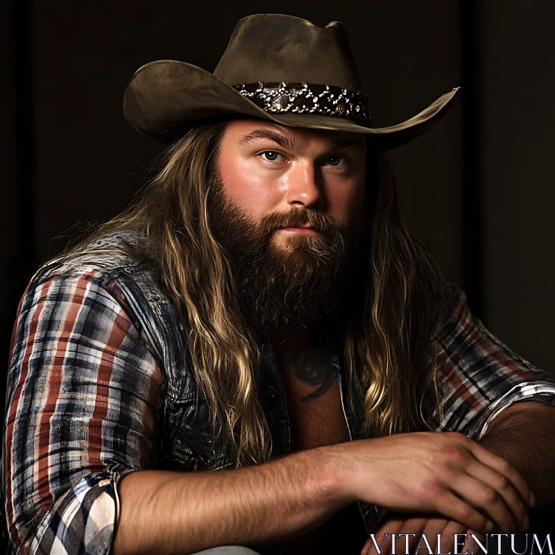 Bearded Cowboy with Long Flowing Hair AI Image