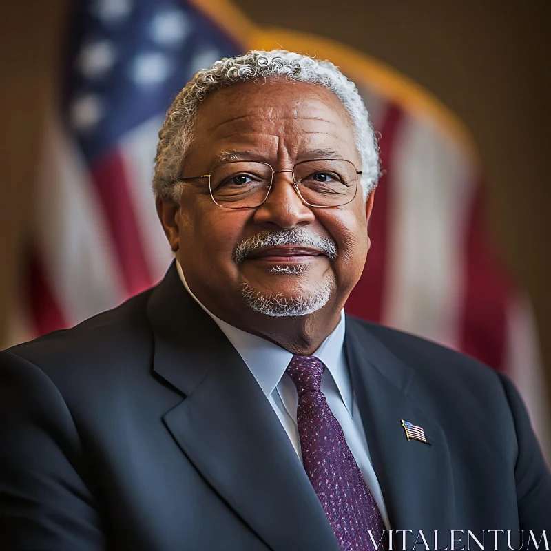 Distinguished Elderly Man in Suit with Flag Backdrop AI Image