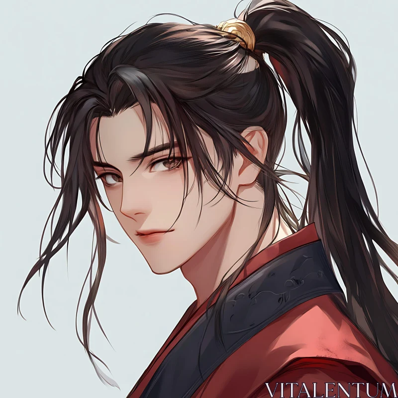 Detailed Anime Character with Long Hair and Red-Black Attire AI Image