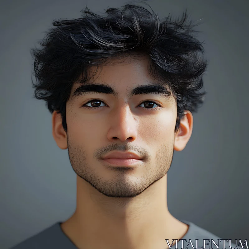 Serene Young Man Portrait with Dark Hair AI Image