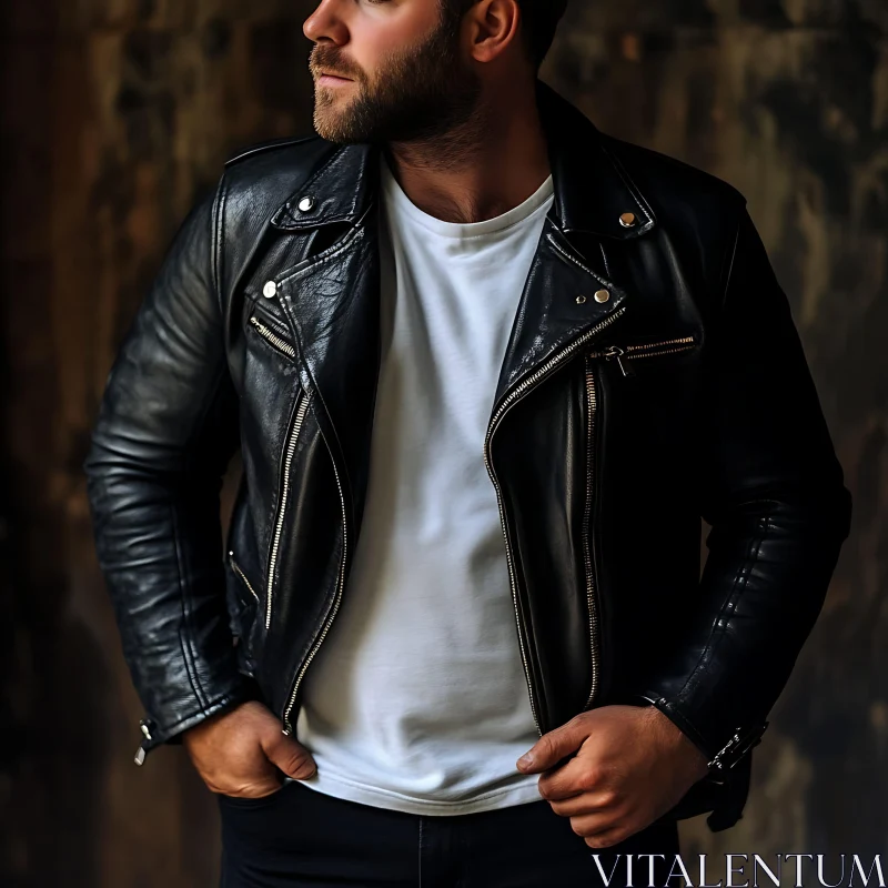 Men's Fashion: Leather Jacket and T-Shirt AI Image