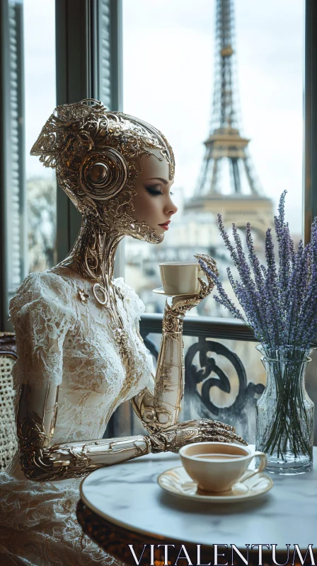 Sophisticated Cyborg's Parisian Coffee Moment AI Image