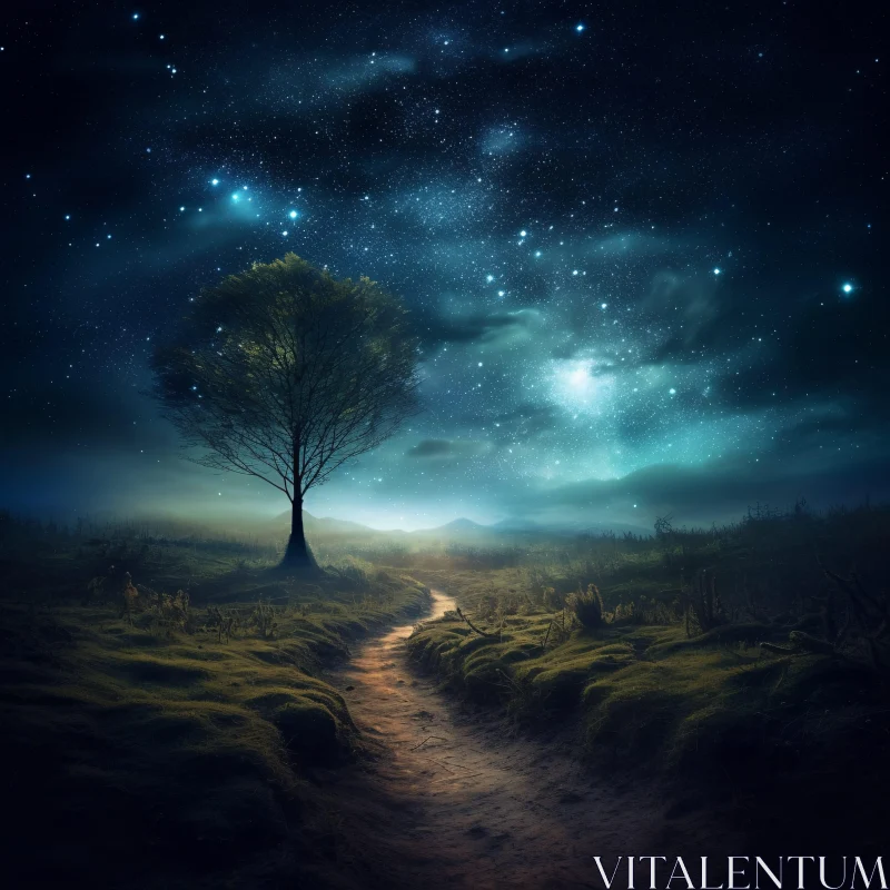 AI ART Mystical Night Scene with Tree and Pathway