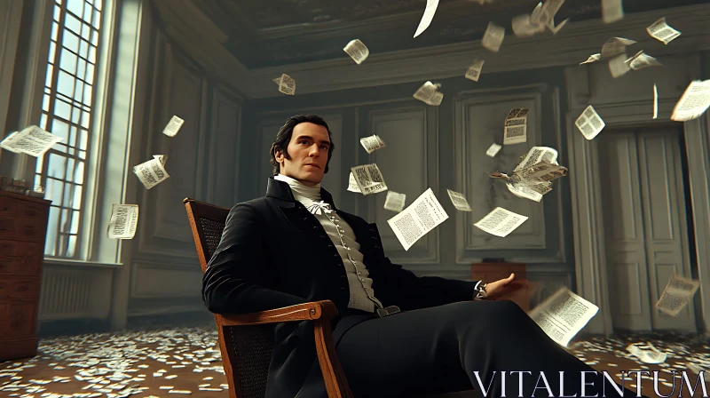 Victorian Man Surrounded by Floating Paper in Luxurious Room AI Image