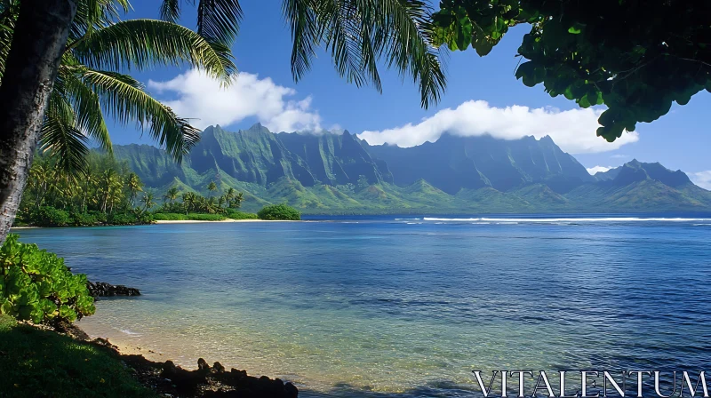 Idyllic Tropical Island with Calm Beach and Green Mountains AI Image