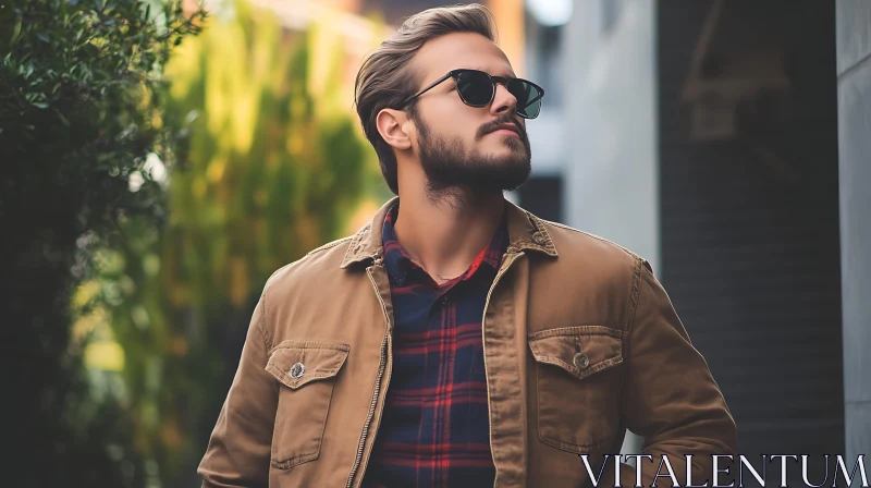 Fashionable Man with Plaid Shirt and Sunglasses AI Image