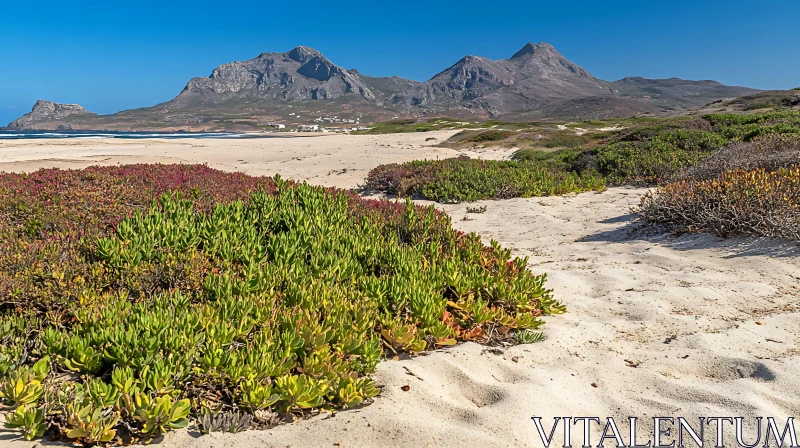 AI ART Sandy Shore with Lush Vegetation and Mountainous Horizon